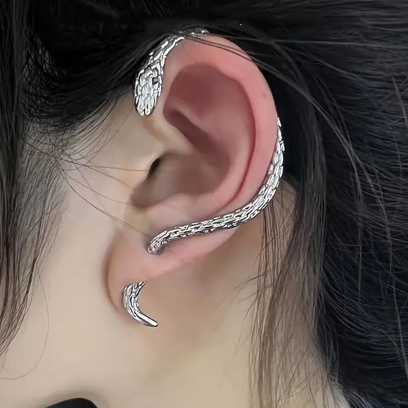 Silver Snake Left Ear Wrap Cuff Earring Goth Punk Hip Hop Statement Jewelry - Picture 1 of 7